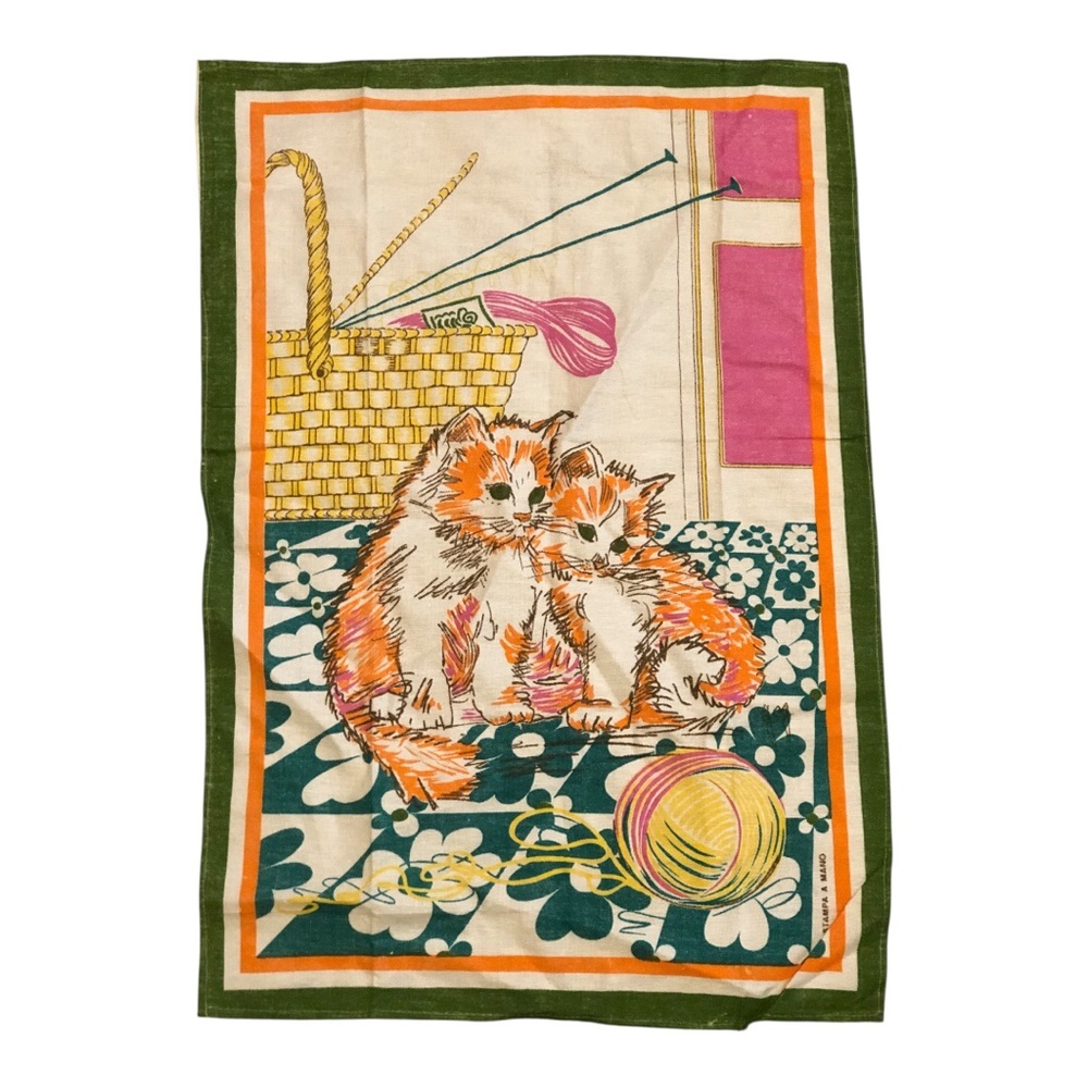Vintage Italian Hand-Printed Kitten Tea Towel - "Stampa a Mano"